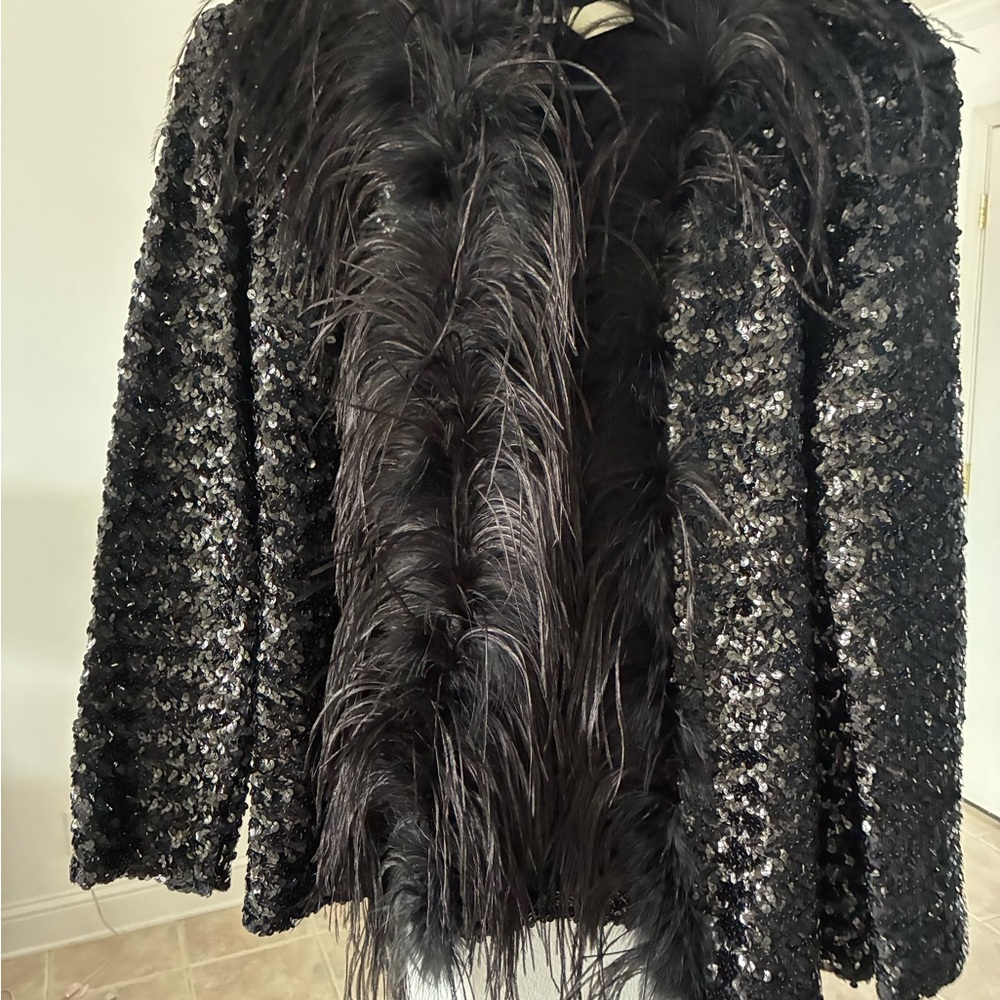 Black Sequin & Feather Statement Jacket - image 1